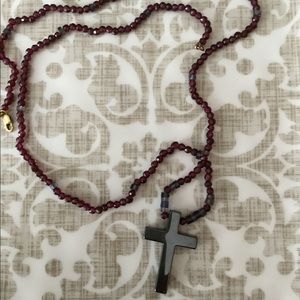 Wine/pewter Hand Beaded Cross Necklace